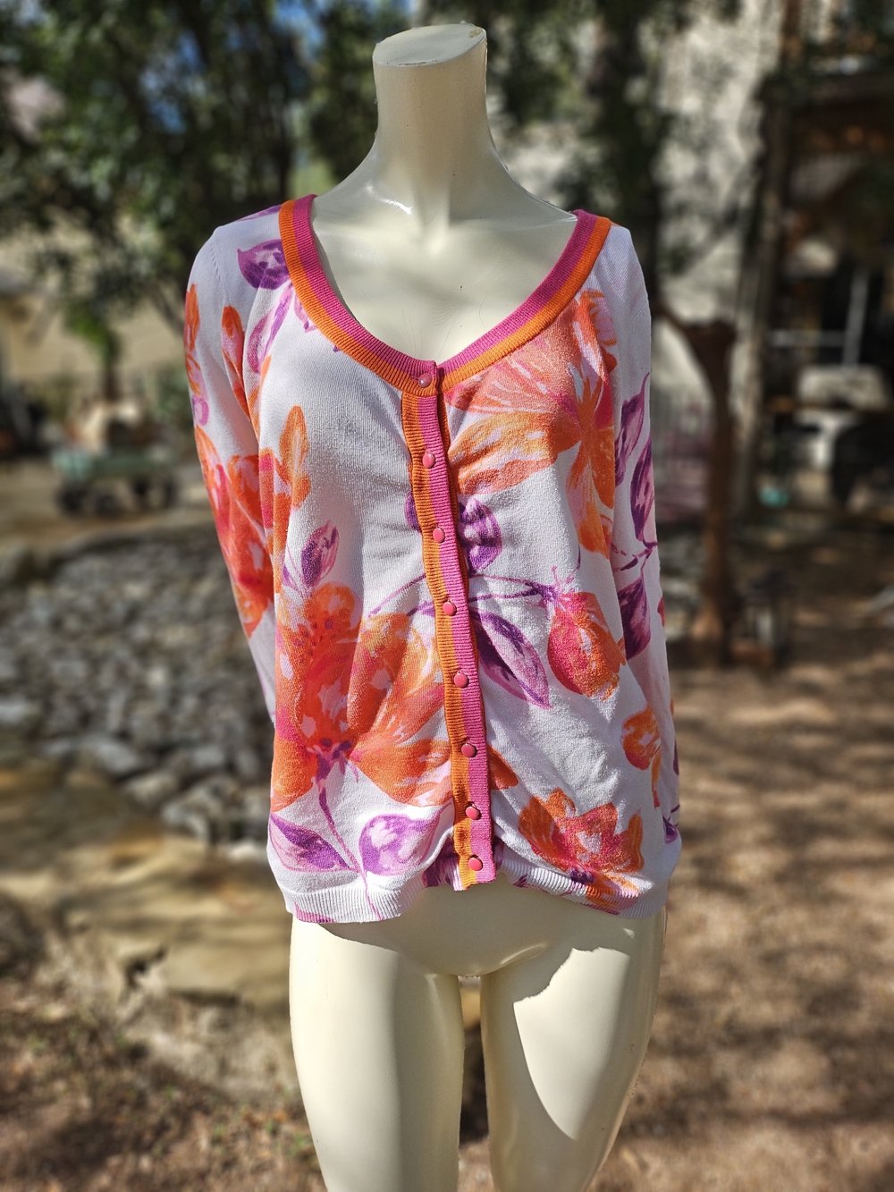 Boston Proper White Cardigan with Pink & Orange Floral Print M